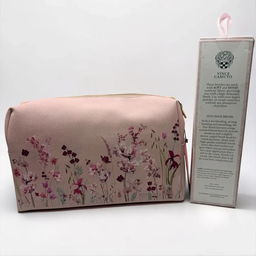 Vince Camuto Pink Floral Cosmetic Bag + Duo Face Brush Set NWT